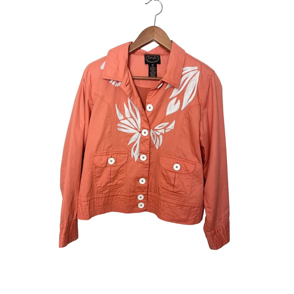 Vintage Julia Kim Floral Embroidered Cotton Jacket Sz Medium Orange